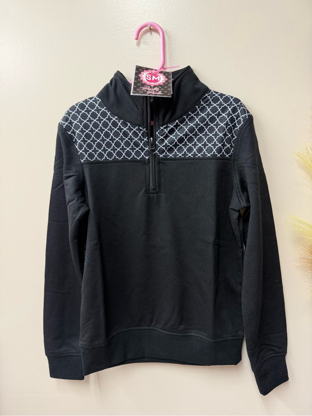 Girls' Black Quarter-Zip Hoodie with Geo Yoke